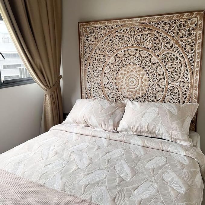 Wood Bed Headboard Rustic | Carved Full Head Board Only | Wooden BedHead Full Size Bed | Wall Mount Wall Art in Sizes King or Queen | Headboard Panels (Manusa Antic, Queen)