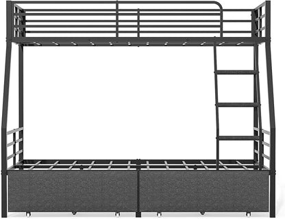 Bunk Beds Twin Over Full Size, Heavy Duty Bunk Beds with 2 Storage Drawers, Safety Guardrails & Padded Ladder, Twin Over Full Bunk Bed, No Box Spring Needed, Black