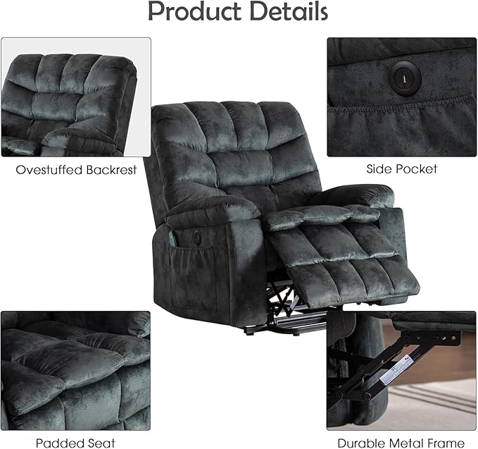 CANMOV Large Power Lift Recliner Chairs with Massage and Heat for Elderly, Heavy Duty and Safety Motion Reclining Mechanism Electric Wide Recliners with USB Ports, 2 Concealed Cup Holders (Grey Green)