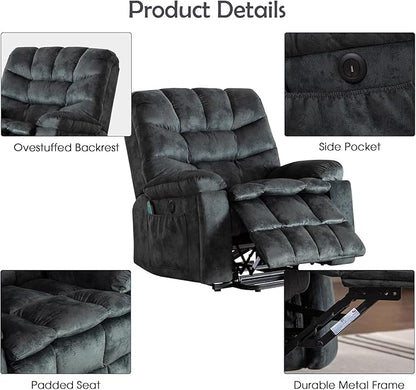 CANMOV Large Power Lift Recliner Chairs with Massage and Heat for Elderly, Heavy Duty and Safety Motion Reclining Mechanism Electric Wide Recliners with USB Ports, 2 Concealed Cup Holders (Grey Green)