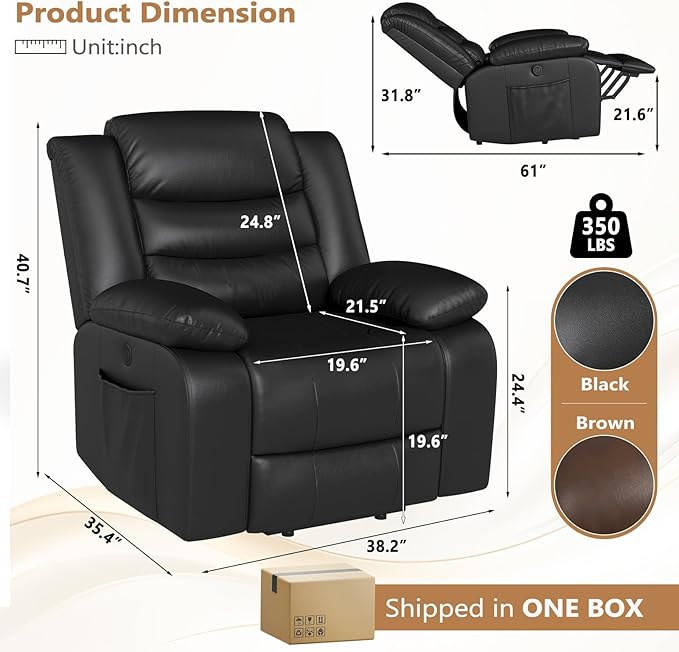 ANJ Black Power Lift Recliner Chair with Massage and Heat, PU Leather Overstuffed Electric Lift Chair for Elderly, Oversized Single Sofa Recliner with Side Pockets, Remote Control