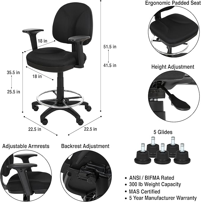 OEF Furnishings Comfort Office Stool with Arm Rests, 24.5"-34.5" Height