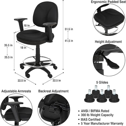 OEF Furnishings Comfort Office Stool with Arm Rests, 24.5"-34.5" Height