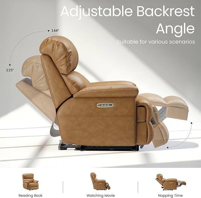 COLAMY Triple Motors Power Recliner Chair with Power Headrest & Lumbar Support Independent Adjustment for Living Room, Leather Electric Recliner Sofa Chair, Light Brown