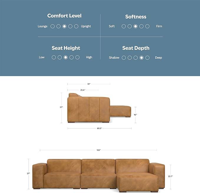 SIMPLIHOME Rex Right-Facing Modular Sectional Sofa in Full-Grain Genuine Leather, Sienna, 122-inches Wide, Handcrafted Modern-Style 4-Seater L-Shaped Leather Couch with Right Chaise for Living Room