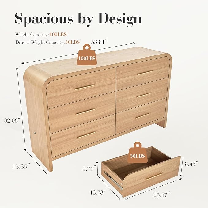 Curved 6-Drawer Dresser for Bedroom, 54" Wide Modern Chest of Drawers, Vanity Desk TV Stand for Living Room, Closet Storage Drawers Organizer Furniture, Nursery, Hallway, Oak