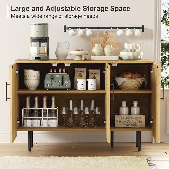 Set of 2 Fluted Natural Storage Cabinets, Modern 3-Door Sideboard Buffet Cabinet with Adjustable Shelves and Metal Legs, Accent Cabinet for Kitchen, Living Room, Entryway (Natural & Black)