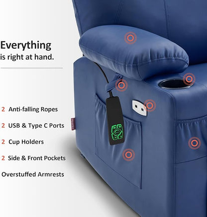 MCombo Dual Motor Large Power Lift Recliner Chair for Elderly, Lay Flat Lift Chair with Heat and Massage, Big Lift Recliner for Tall People, Faux Leather 7815 (Blue, Large)