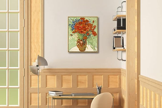 Wieco Art Framed Wall Art of Red Poppies and Daisies by Vincent Van Gogh Paintings Reproduction Abstract Canvas Prints for Home Living Room Decorations Bronze Gold Frame