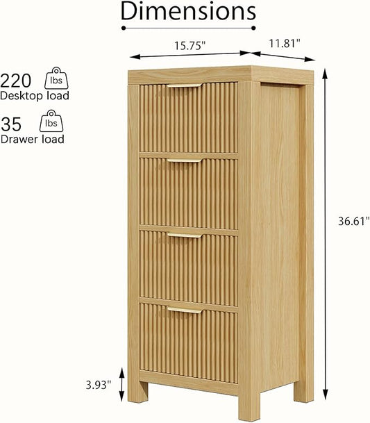 Modern 4-Drawer Solid Wood Dresser with Fluted Front & Gold Handles, Multifunctional Tall Storage Chest, for Hallway, Entryway, Natural