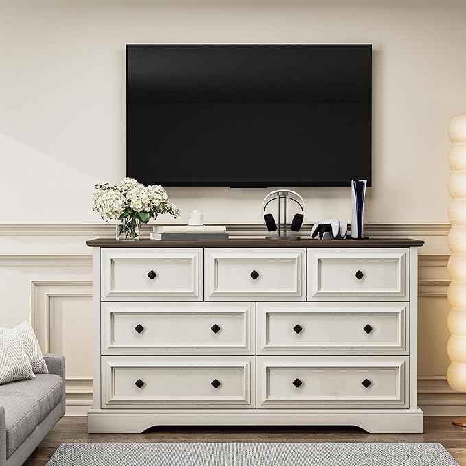 Farmhouse 7 Drawer Dresser for Bedroom, 54" Wide Wooden Dresser with Natural Texture & Vintage Metal Knobs, Large Chest of Drawers for Bedroom, Living Room, Hallway, Antique White