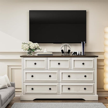 Farmhouse 7 Drawer Dresser for Bedroom, 54" Wide Wooden Dresser with Natural Texture & Vintage Metal Knobs, Large Chest of Drawers for Bedroom, Living Room, Hallway, Antique White