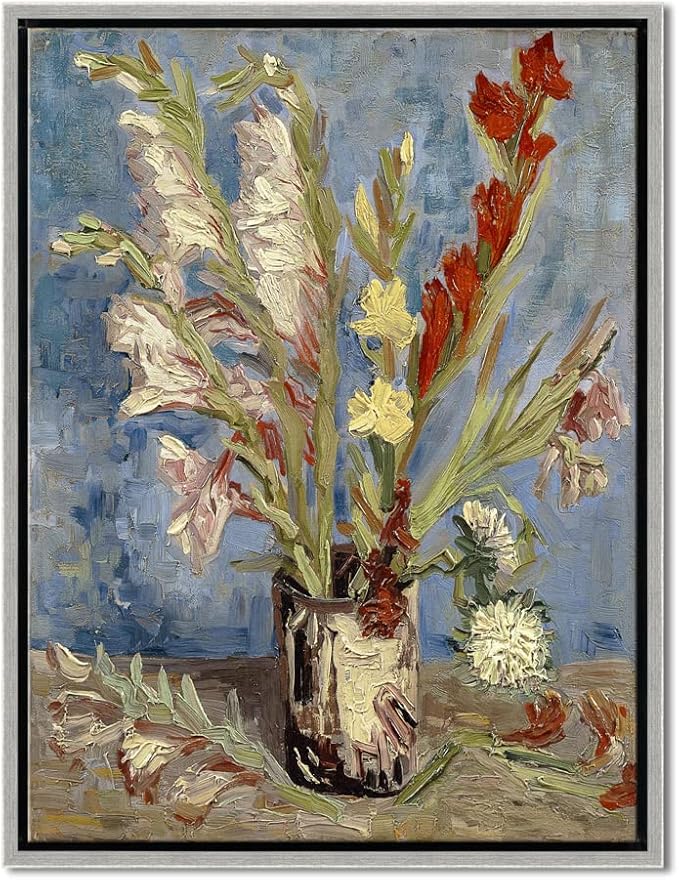 Wieco Art Framed Wall Art Vase with Gladioli and China Asters by Van Gogh Modern Floral Canvas Prints Artwork Abstract Flowers Pictures on Canvas for Living Room Home Decorations