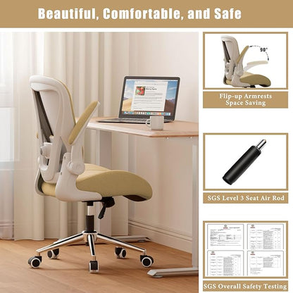 Kahki Ergonomic Office Desk Chair, Soft Fabric Thickened Curved seat Cushion with Adjustable Lumbar Support, Perfect Blend of Comfort and Good Looks, Ideal Chair for Home or Office, Khaki