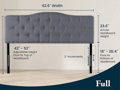 Naomi Home Cassandra Full Size Bed Headboard, Square Tufted, White Linen Fabric, Height Adjustable 42"-52", Metal Legs, Wall/Bed Mount