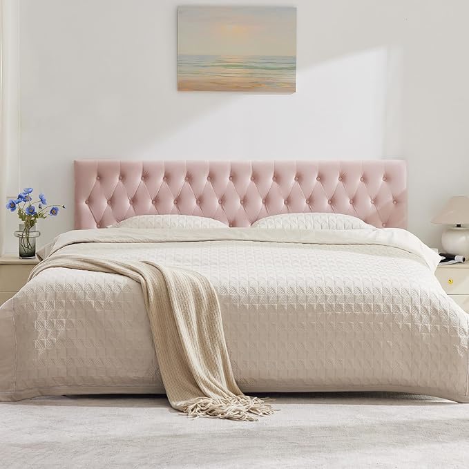 Kingfun Tufted Upholstered Full Size Bed Headboard in Modern Button Design, Adjustable Solid Wood Head Board, Premium Velvet Fabric Padded Headboards in Bedroom (Pink)