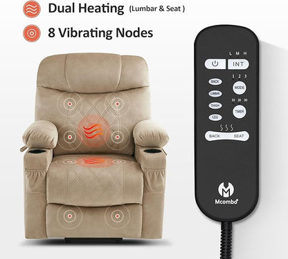 MCombo Small Size Triple Motor Power Lift Recliner Chair Sofa with Massage and Dual Heating, Adjustable Headrest for Elderly People Petite, USB Ports, Extended Footrest, Fabric 7222 (Beige)