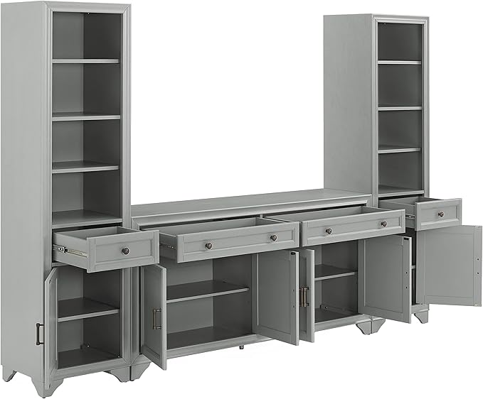 Crosley Furniture Tara 3-Piece Modern Farmhouse Sideboard Buffet Cabinet and Bookcase Set with Storage, Distressed Gray