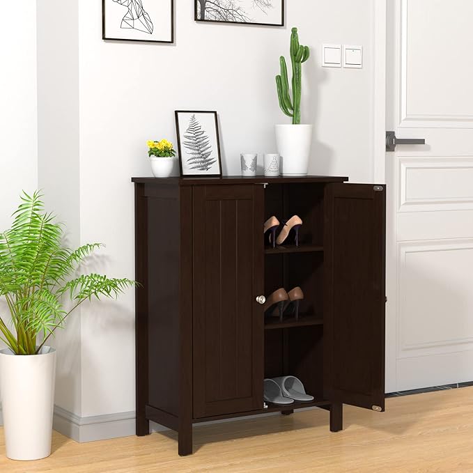 COSTWAY Bathroom Floor Cabinet - Freestanding Side Storage Organizer with Double Doors & Adjustable Shelf, Wooden Storage Cabinet for Living Room, Bedroom, Kitchen, Entryway (Brown)