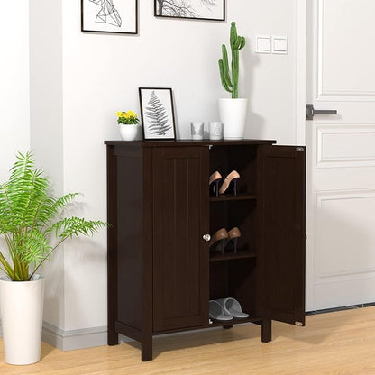 COSTWAY Bathroom Floor Cabinet - Freestanding Side Storage Organizer with Double Doors & Adjustable Shelf, Wooden Storage Cabinet for Living Room, Bedroom, Kitchen, Entryway (Brown)