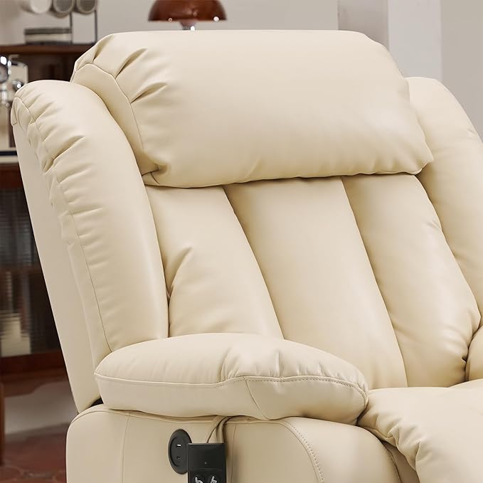 Dual Motor Large Power Lift Recliner Chair for Elderly with Heat and Massage,Lay Flat Lift Chairs Recliners for Seniors Infinite Position,USB Ports&Remote, Genuine Leather (Beige)