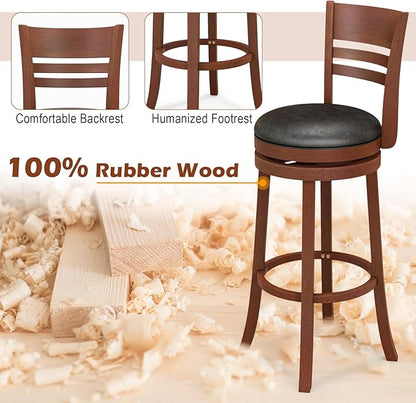 COSTWAY Bar Stools, 360-Degree Swivel Bar Chairs with PU Upholstered Seats, Solid Rubber Wood Backrests, Footrests & Legs, Bar Height Stools with Backs for Kitchen, Bar, Brown (4)