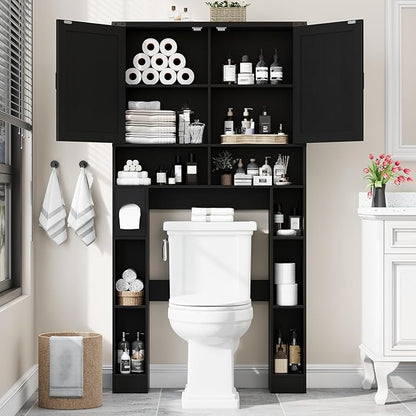Vabches Over The Toilet Storage Cabinet, Farmhouse Storage Cabinet Over Toilet with 2 Barn Doors ，Toilet Paper Holder Stand，Home Space-Saving Toilet Rack, for Laundry, Restroom, Bathroom.Black.