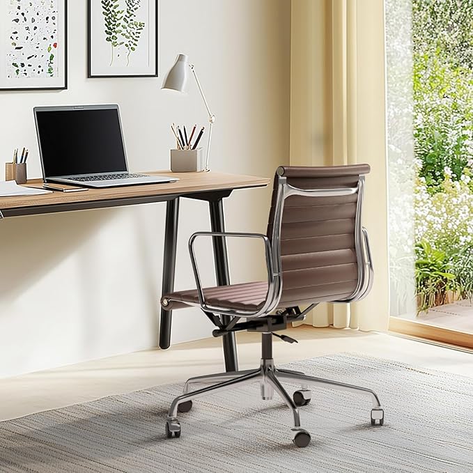 Ribbed Office Chair with Top Grain Leather - Mid Back Ergonomic Desk Chair with Aluminum Arm Rest and 5-Star Base, Swivel Chair Brown
