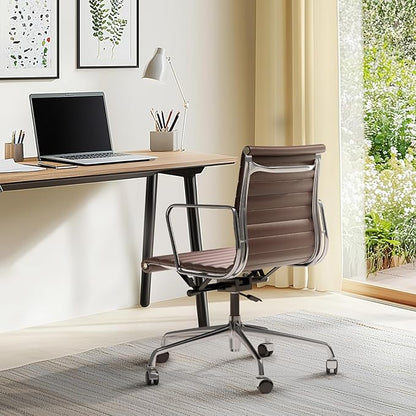 Ribbed Office Chair with Top Grain Leather - Mid Back Ergonomic Desk Chair with Aluminum Arm Rest and 5-Star Base, Swivel Chair Brown