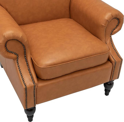 Accent Chair,22.4" Seat Depth Armchair with Roll Arms,36.6W*34.3D*34.6H Living Room Chair,Wood Legs,Set of 1,Faux Leather in Brown