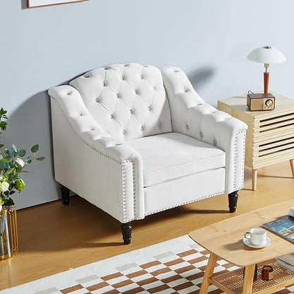LEVNARY White Velvet Chair for Bedroom, Upholstered Sofa Chair with High Back, Mid-Century Modern Armchair with Solid Wood Legs, Single Couches for Living Room (White)