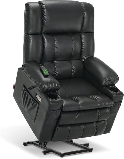 MCombo Dual Motor Large Power Lift Recliner Chair for Elderly, Lay Flat Lift Chair with Heat and Massage, Big Lift Recliner for Tall People, Faux Leather 7896 (Black, Large)