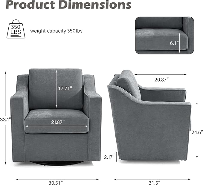 UIXE Swivel Accent Chairs Set of 2, Chenille Upholstered Arm Chair for Living Room, Modern Club Armchair Comfy Single Sofa Bedroom Reading Seat with Lumbar Pillow - Gray