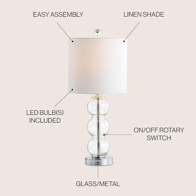 JONATHAN Y JYL1021D February 21" Glass/Metal LED Table Lamp Contemporary Bedside Desk Nightstand Lamp for Bedroom Living Room Office College Bookcase LED Bulb Included, Clear/Chrome