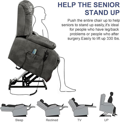 MAEVIS Large Genuine Leather Power Lift Recliner Chair, Dual Motor Recliner for Elderly,Extended Footrest and Lumbar Pillow for Tall Man,with Heat and Massage, USB and Type-C Ports(Silver Gray)