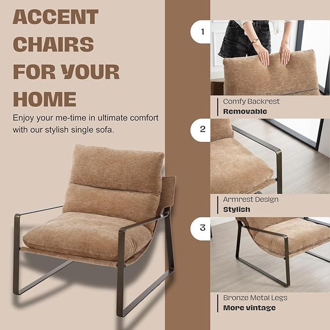 HEAH-YO Modern Accent Chair Set of 1, Upholstered Chenille Living Room Chair with Bronze Metal Legs, Comfy Arm Side Chair for Bedroom, Khaki