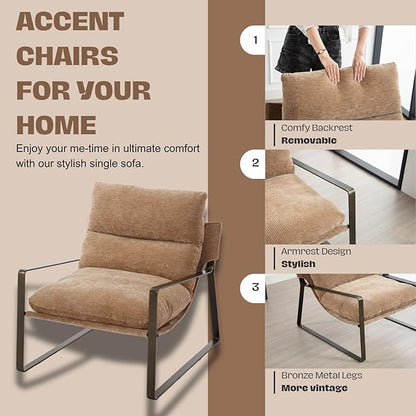 HEAH-YO Modern Accent Chair Set of 1, Upholstered Chenille Living Room Chair with Bronze Metal Legs, Comfy Arm Side Chair for Bedroom, Khaki