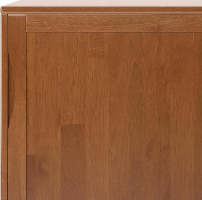 SIMPLIHOME Harper Medium Storage Cabinet - 48 inch Wide Solid Hardwood Sliding Door Cabinet in Teak Brown, Mid-Century Modern Cupboard for Living Room or Entryway with 3 Drawers and Tapered Legs