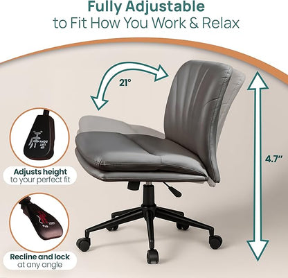NYPOT Armless Desk Chair with Wheels for Criss Cross Sitting - Cross Legged Wide Armless Chair - Adjustable Vanity 360° Swivel Stool and 120° Rocking Wide Seat Comfy for Home and Office, Color Grey