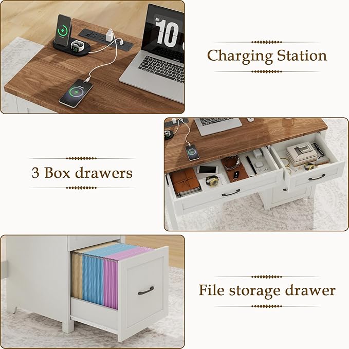 Vabches Farmhouse 47" Executive Desk, Computer Desk with File Drawer and Charging Station, Workstation for Home Office & Study.Off White