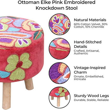 Elke Pink Velvet Embroidered Round Pouf Ottoman – 16" Handcrafted Upholstered Floral Foot Stool with Removable Cover – Soft Cotton Velvet Knockdown Accent Seat for Bedroom, Living Room & Boho Decor