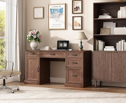 CARPETNAL 58'' Farmhouse Executive Desk with Drawers, Home Office Desk with File Drawer and Storage Cabinet, Rustic Computer Desk for Working, Studying, Writing, Brown