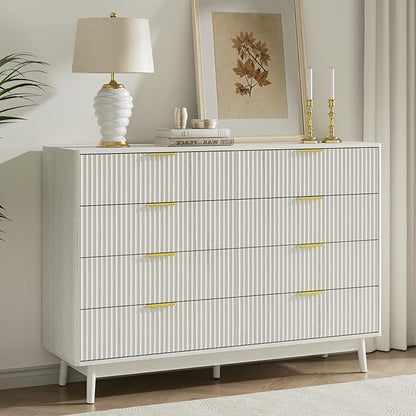 LYNSOM Fluted 8 Drawer Dresser for Bedroom, 55" Wide Modern Chest of Drawers with Curved Profile Design and Metal Handles, Wood Dresser TV Stand & Storage Organizer for Bedroom, Hallway, White