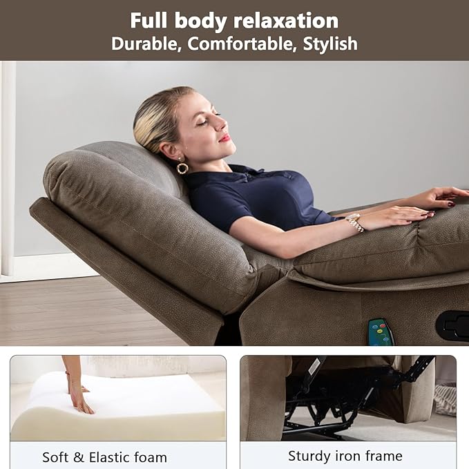 ANJHOME Massage Recliner Chairs with Heat and Vibration,Overstuffed Manual Rocking Reclining Chair for Living Room Bedroom (Brown)