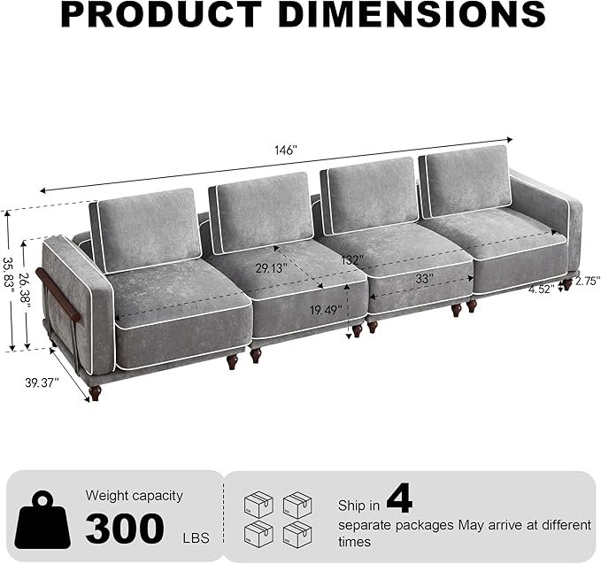 146" Cloud Modular Sectional Sofa,Oversized Deep 4 Seater Couch with Armrests Wooden Legs,Comfy Thicked Cushion Upholstered Sofa for Living Room Bedroom,Light Grey