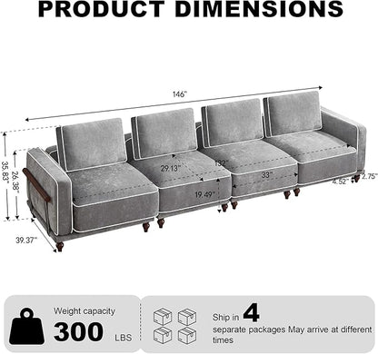 146" Cloud Modular Sectional Sofa,Oversized Deep 4 Seater Couch with Armrests Wooden Legs,Comfy Thicked Cushion Upholstered Sofa for Living Room Bedroom,Light Grey