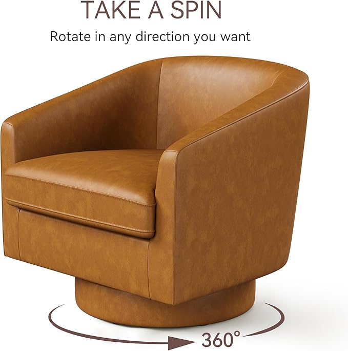 Swivel Barrel Accent Chair, Round Faux Leather Living Room Arm Chairs, Modern Upholstered Comfty Reading Nook Chairs for Bedroom, Small Club Armchair, Single Sofa Side Chair, Brown