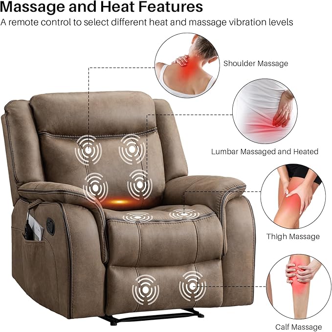 Massage Recliner Chair with Heated, Faux Leather Recliner Chairs for Adults, 39" Manual Reclining Ergonomic Lounge Chair for Living Room with Overstuffed Backrest, Side Pocket, Nut Brown