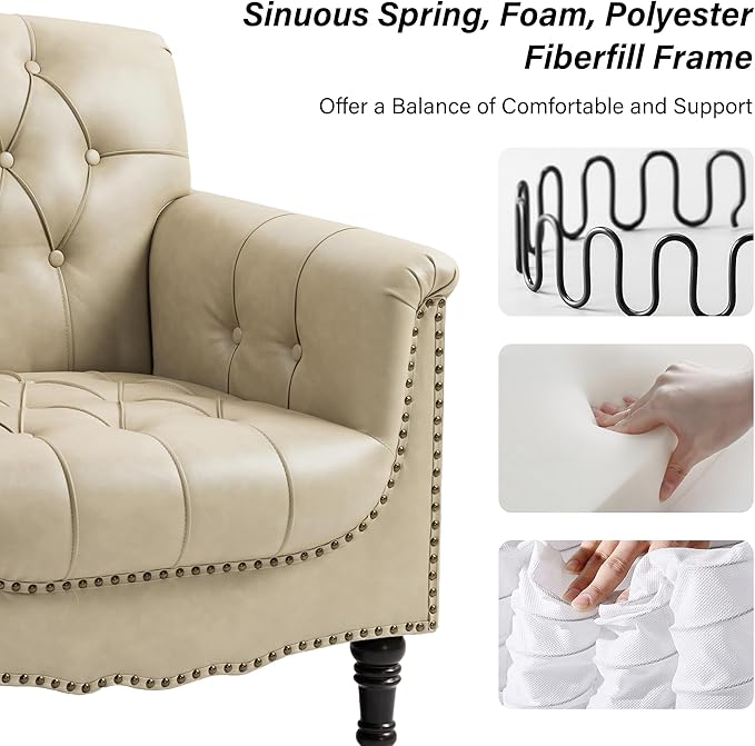 Faux Leather Accent Chair, PU Leather Modern Comfy Upholstered Armchair with Wood Legs & Nailhead Trim for Living Room, Bedroom (Beige,Set of 2)