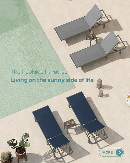 Pool Lounge Chairs Set of 2，Outdoor Lounge Chairs with Wheels and 5-Position Recliner -Easy to Move- Aluminum Patio Lounge Chair for Poolside, Deck (Navyblue)